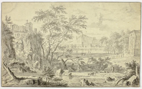 Italianate Landscape with Shepherd and Flock by Stream, Town in the Distance by Jan van Huysum, drawing, 1702-1749