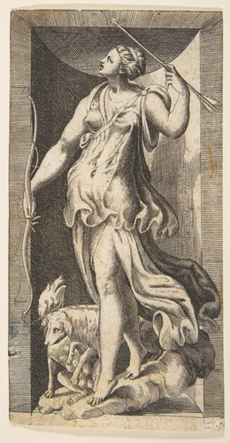 Diana the huntress acompanied by her dogs standing in a niche by Giulio Bonasone, print, 1531-1590