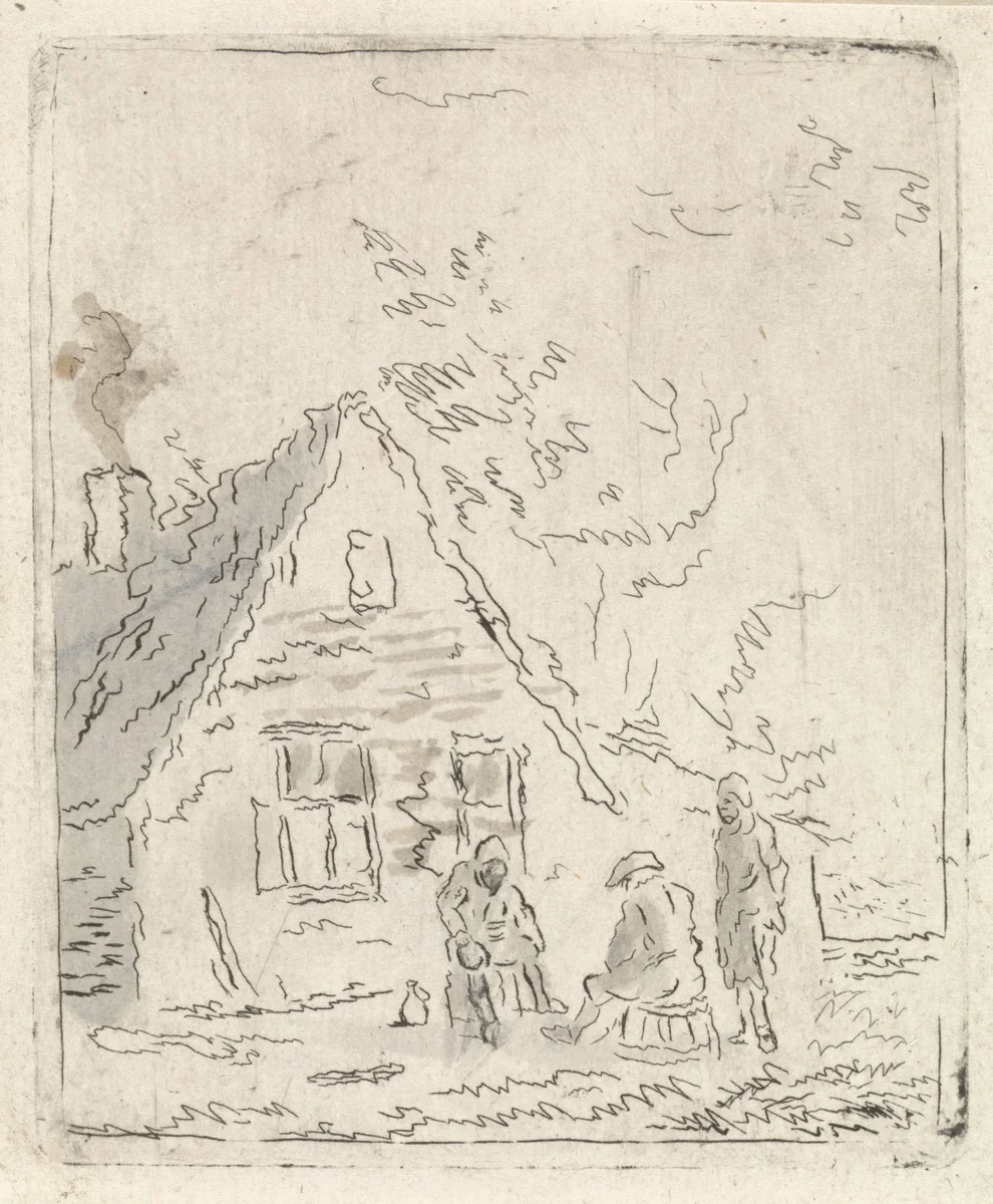 Drie boeren voor boerderij by Pieter Janson, print, 1780-1851