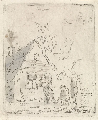 Drie boeren voor boerderij by Pieter Janson, print, 1780-1851