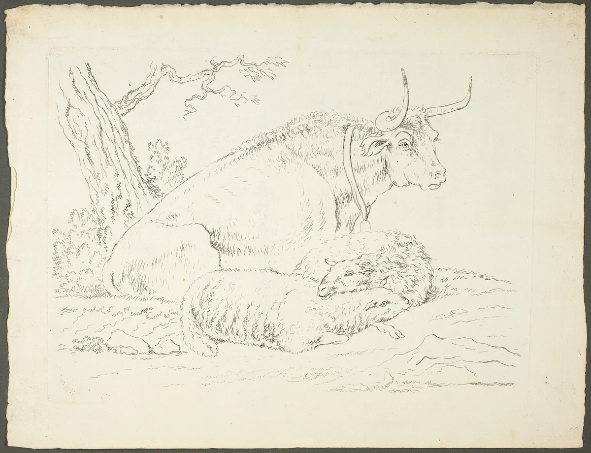 A Bull and Two Sheep by Pierre Lelu, print, 1761-1810