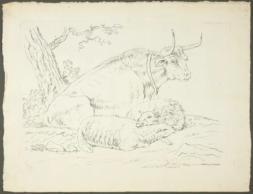 A Bull and Two Sheep by Pierre Lelu, print, 1761-1810