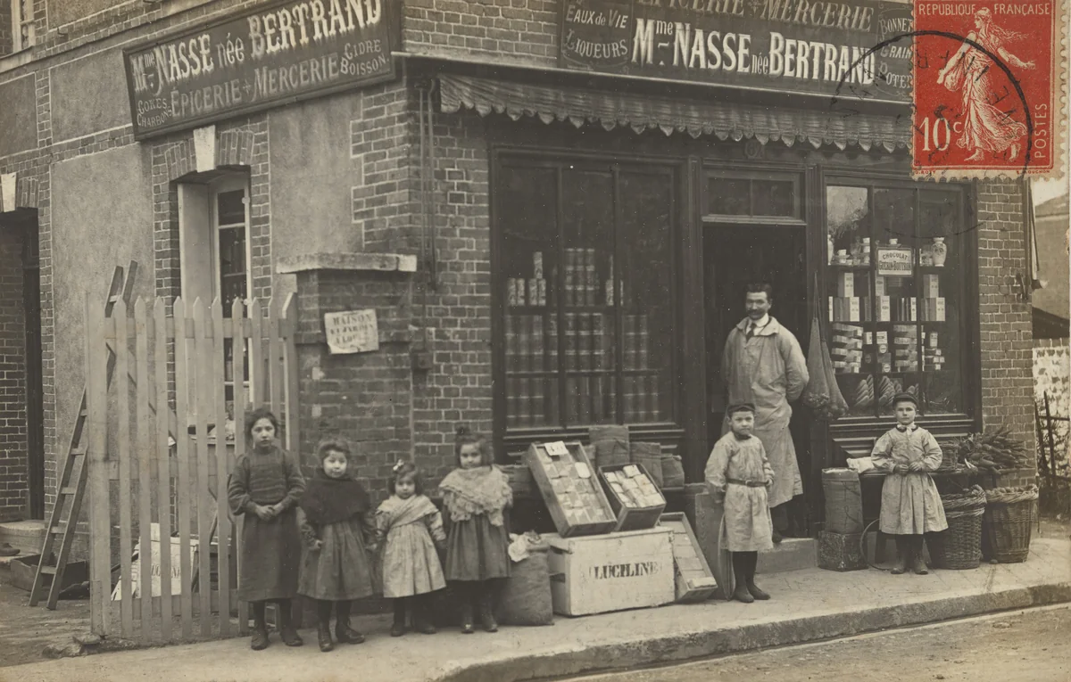 Mme Nasse née Bertrand, Épicerie + Mercerie, Photo-cartes, Gilles, Mont-Saint-Aignan by Unidentified Photographer, photograph, 1907