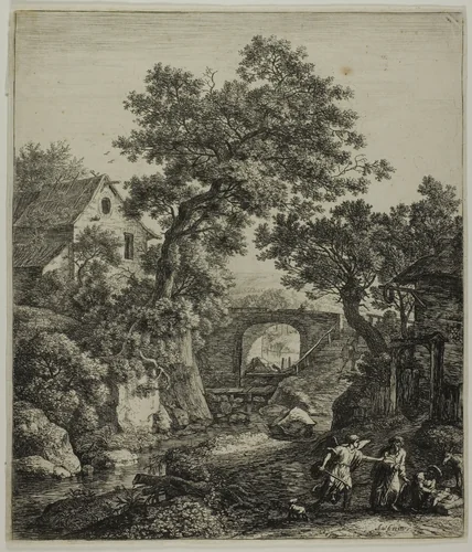 Landscape with Zipphorah and her Son, from Six Landscape Subjects from the Old Testament by Anthonie Waterloo, print, 1630-1690