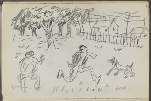 Sketchbook, The Dells, N° 127, page 107: Landscape with Figures and dog by Maurice Prendergast, book, 1919-1921
