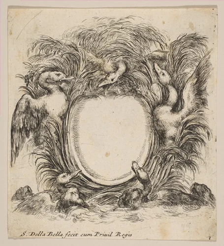Cartouche Framed by Ducks and Weeds by Stefano della Bella, print, 1647