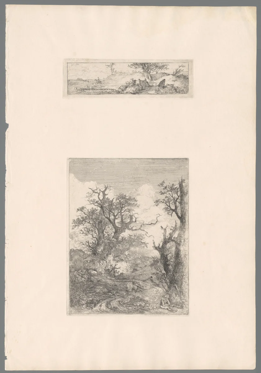 Jongen zit voor een kale boom, in het midden drie boomstammen by John Crome, print, 1834