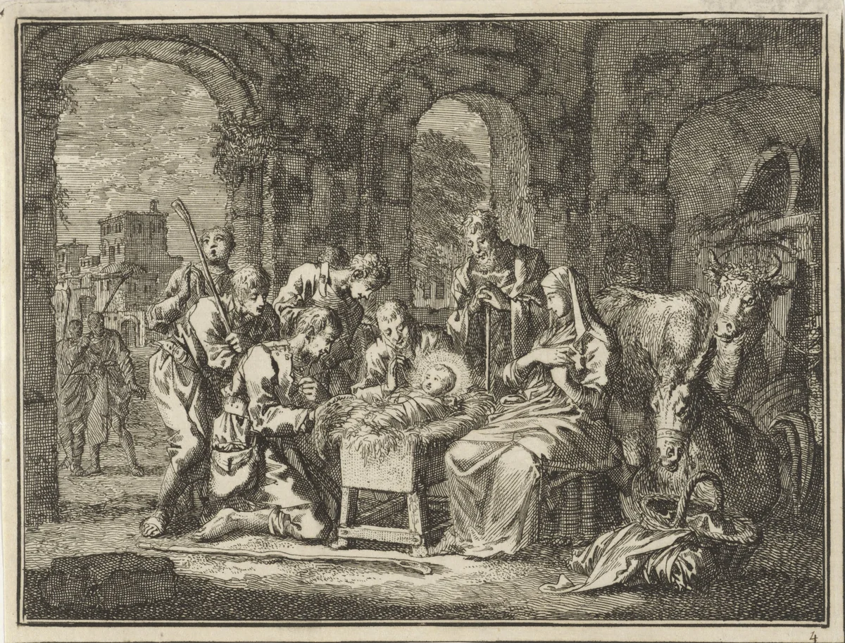 Aanbidding door de herders by Jan Luyken, print, 1712