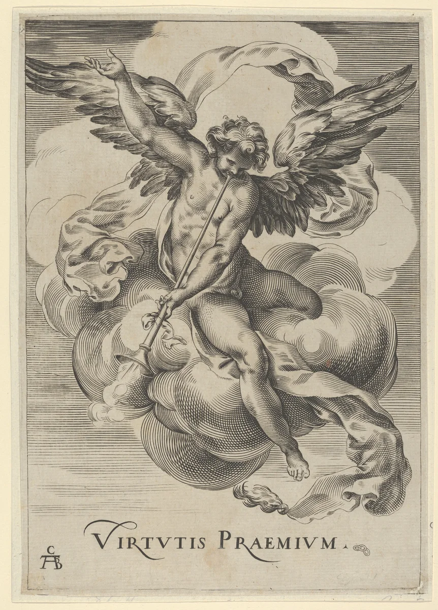 Winged genius seated on a cloud, sounding a trumpet with his left hand extended upwards by Cherubino Alberti, print, 1628-1700