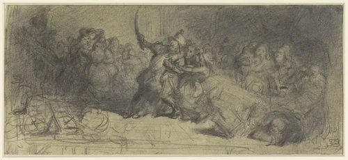 Omstanders proberen een gevecht tussen twee mannen te sussen by Eugène François de Block, drawing, 1822-1893