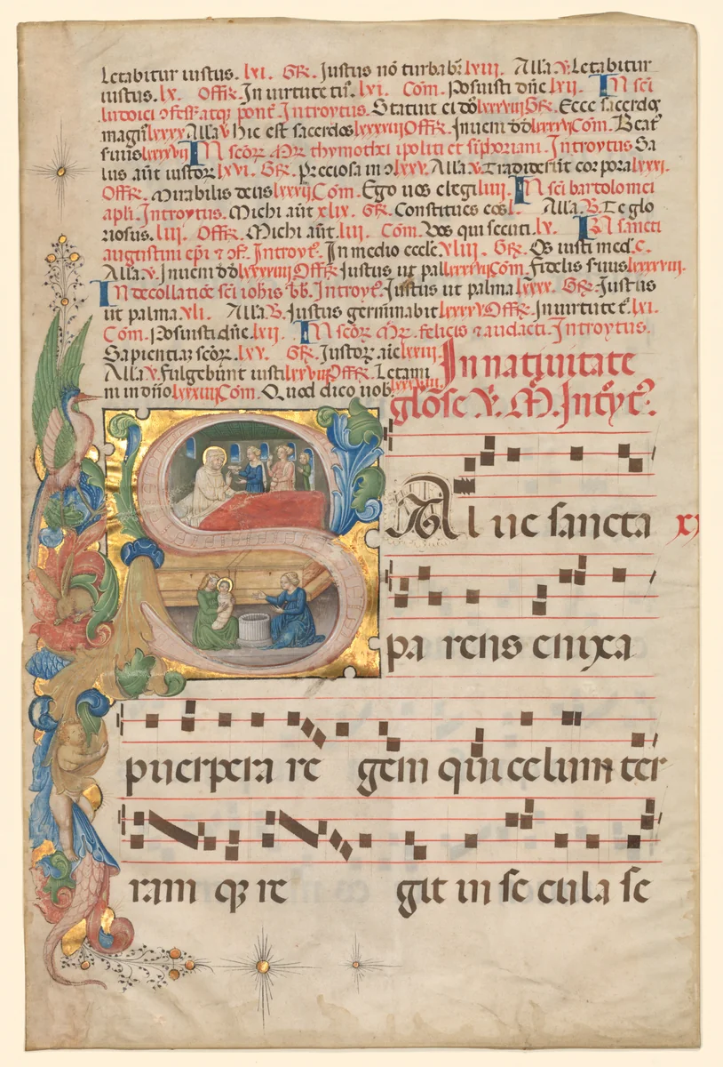 Leaf from a Gradual: Historiated Initial S[alve Sancta Parens] with Birth of the Virgin (recto) by Unknown, manuscript, 1415-1455