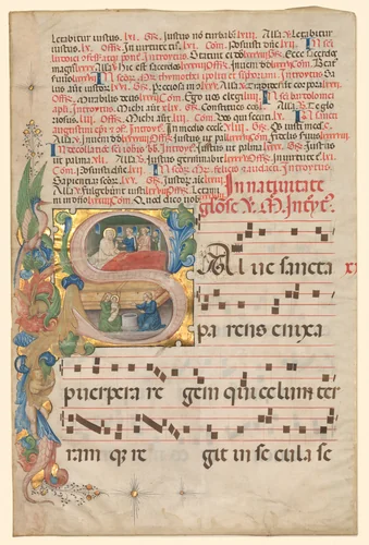 Leaf from a Gradual: Historiated Initial S[alve Sancta Parens] with Birth of the Virgin (recto) by Unknown, manuscript, 1415-1455