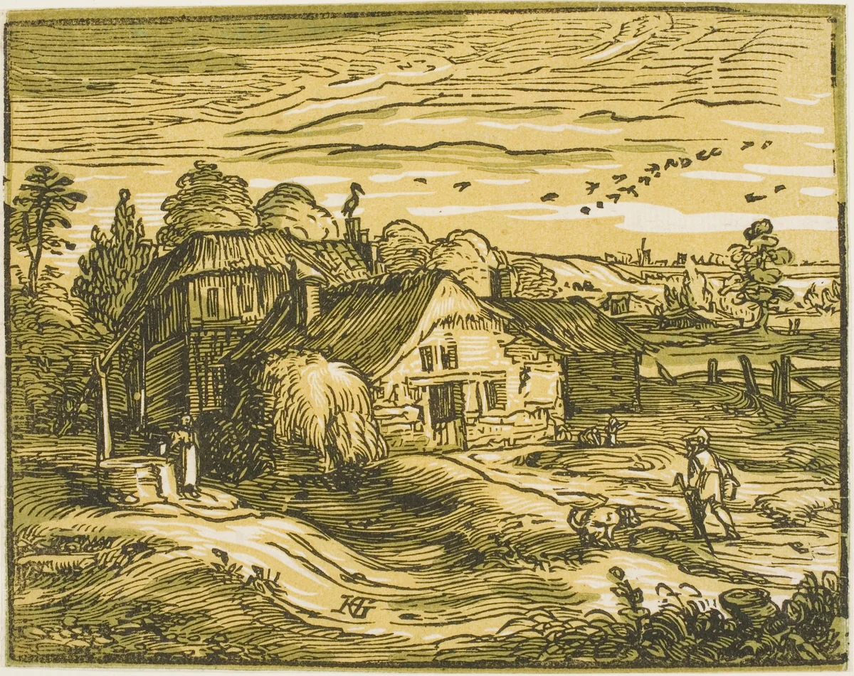 Landscape with a Farmhouse, from Four Small Landscapes by Hendrick Goltzius, print, 1597-1600