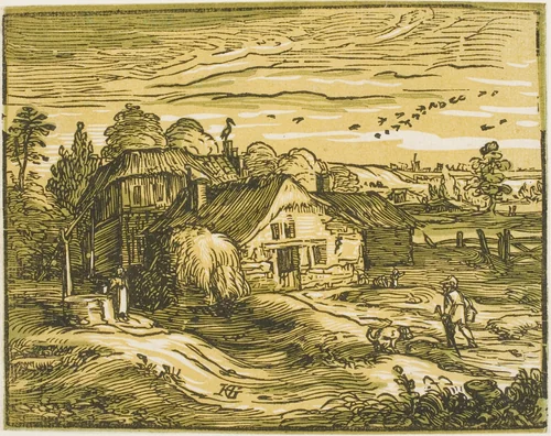 Landscape with a Farmhouse, from Four Small Landscapes by Hendrick Goltzius, print, 1597-1600
