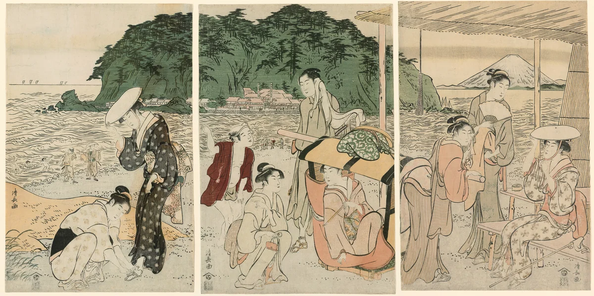 Visitors to Enoshima by Torii Kiyonaga (鳥居清長), print, 1784-1794