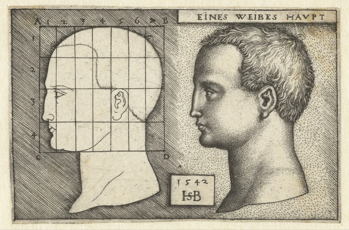 Vrouwenhoofd en tekening in schema volgens proportieleer by Unknown, print, 1542