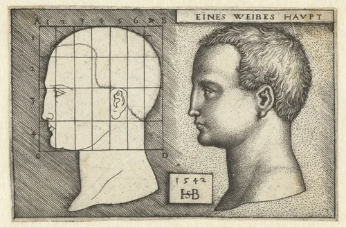 Vrouwenhoofd en tekening in schema volgens proportieleer by Unknown, print, 1542