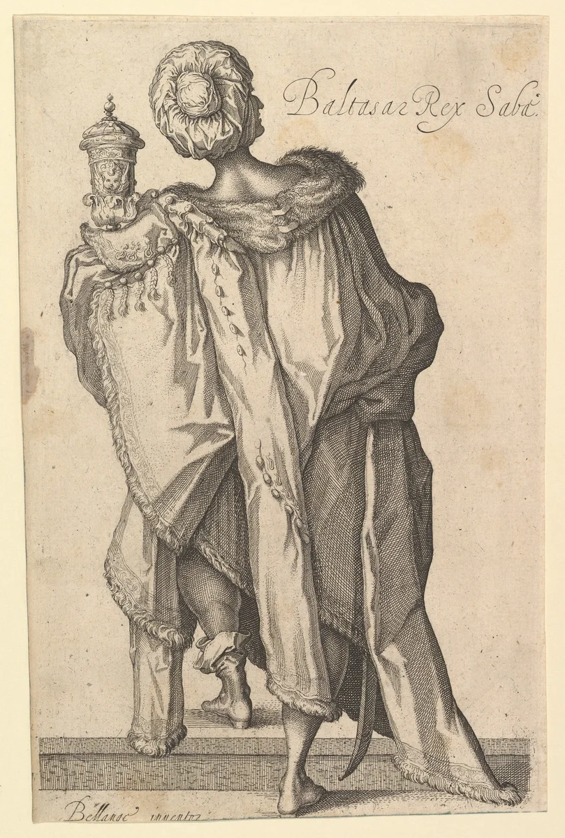 Balthasar, after figure in "The Adoration of the Magi" by Jacques Bellange by Matthäus Merian, print, 1610-1620