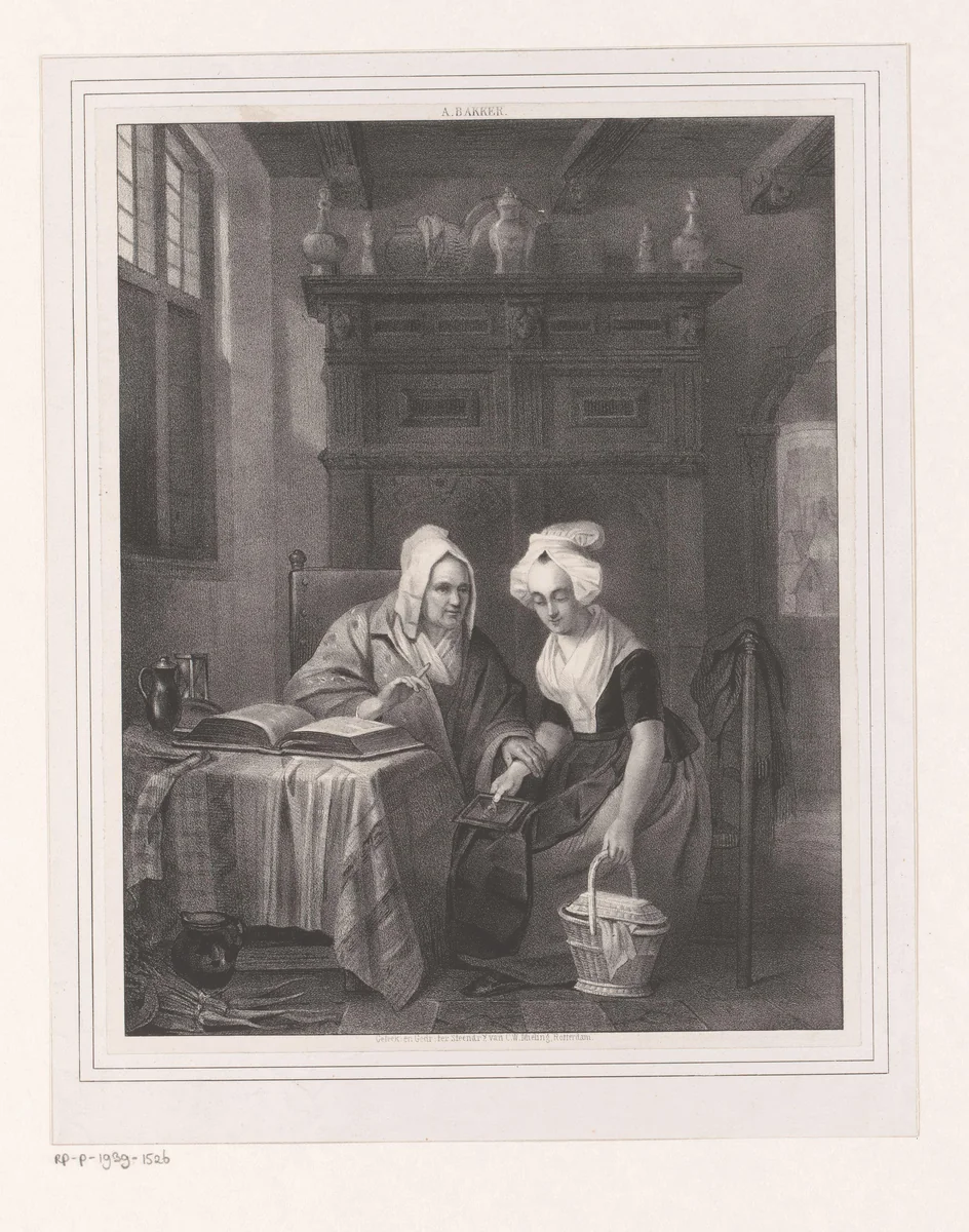 Oude en jonge vrouw in een interieur by anonymous, print, 1839-1845