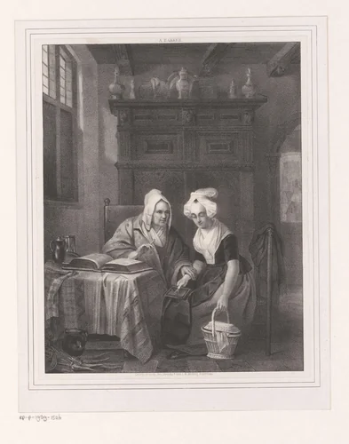 Oude en jonge vrouw in een interieur by anonymous, print, 1839-1845