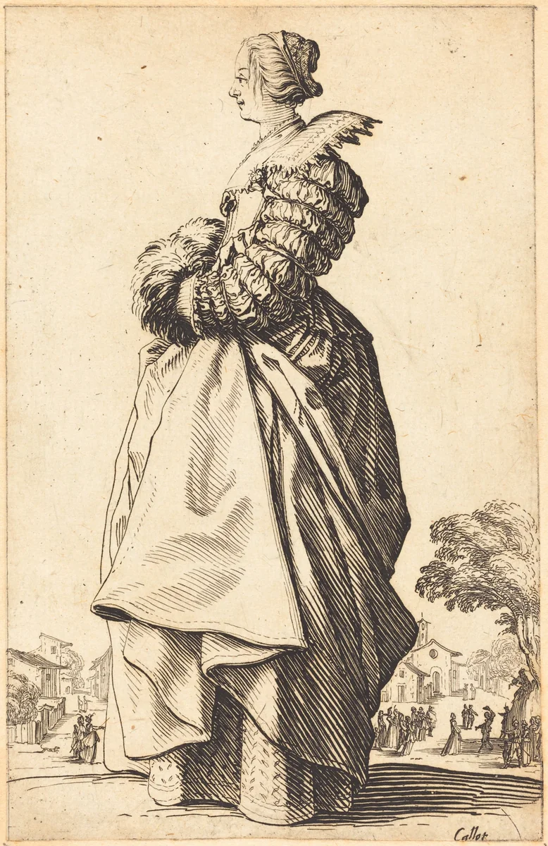 Noble Woman in Profile with her Hands in a Muff by Jacques Callot, print, 1620-1623