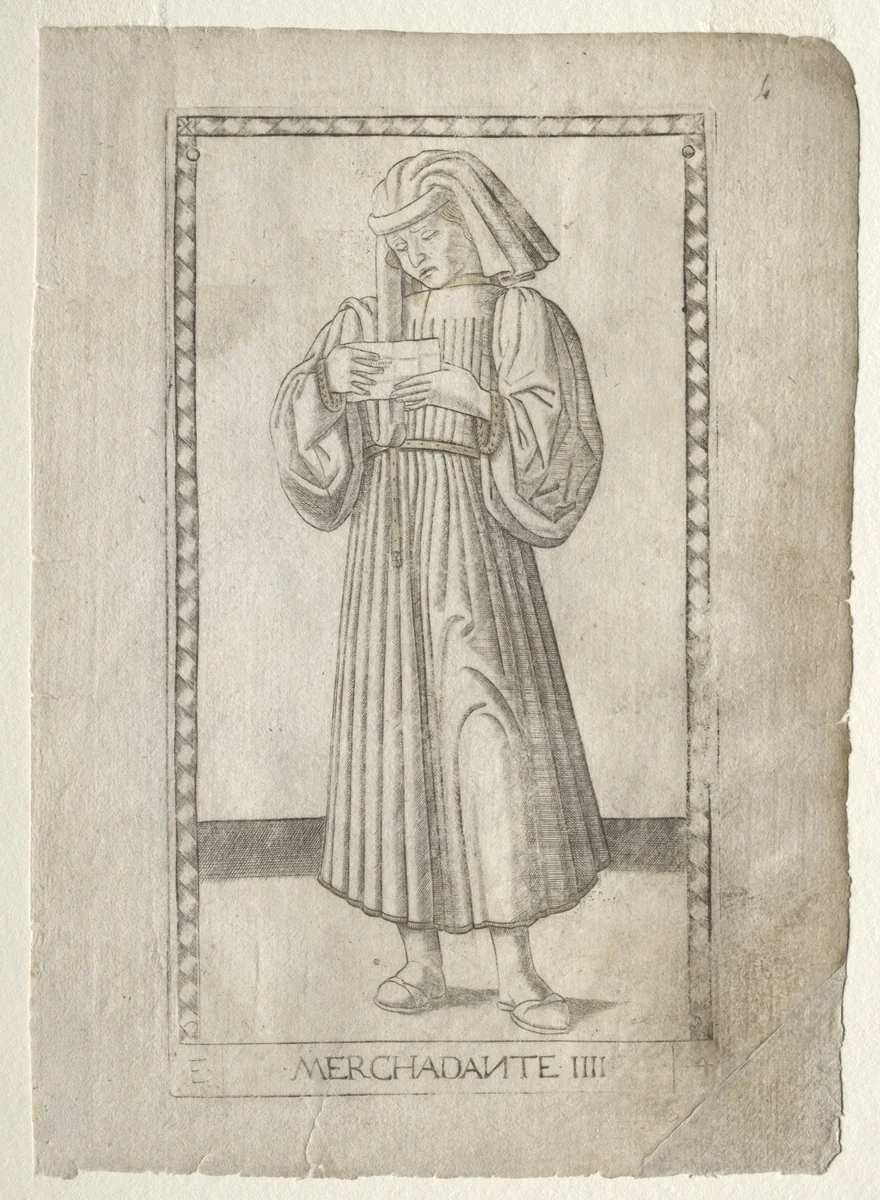 The Merchant (from the Tarocchi, series E: Conditions of Man, #4) by Master of the E-Series Tarocchi, print, 1457-1467
