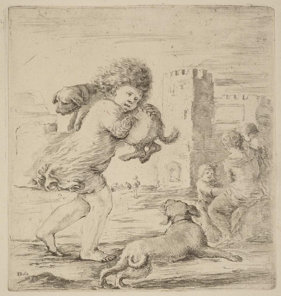 Child Holding a Puppy by Stefano della Bella, print, 1610-1664