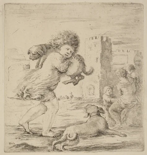 Child Holding a Puppy by Stefano della Bella, print, 1610-1664