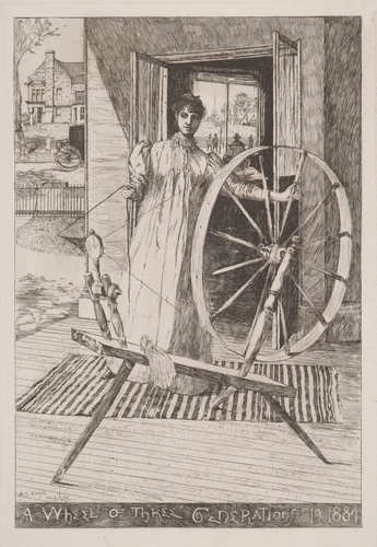 At the Spinning Wheel by Otto Henry Bacher, print, 1884