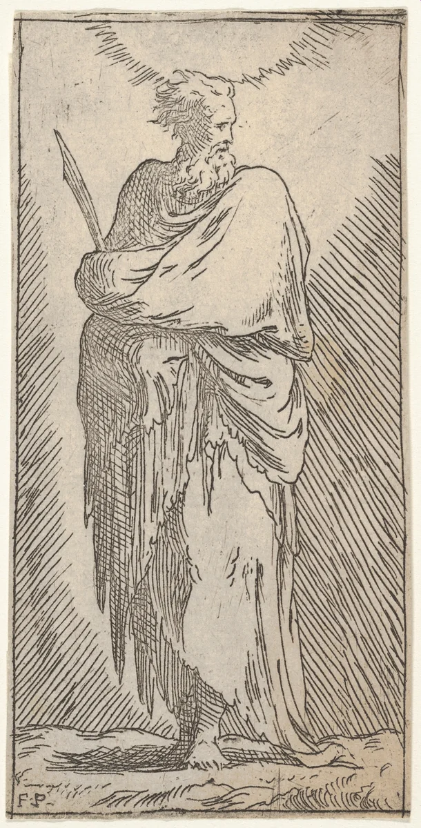 St. Bartholomew, standing in frontal view with head facing to right and holding martyr's palm with both arms, from "Christ and the Twelve Apostles" by Master F. P., print, 1500-1600