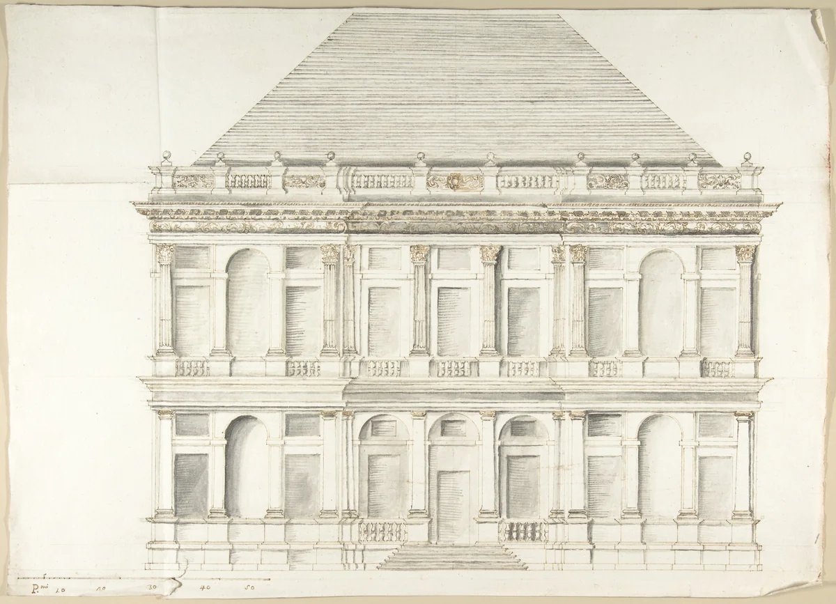 Two-Story Façade of a Palace with a Mansard Roof by Pietro Paolo Coccetti, drawing, 1710-1727