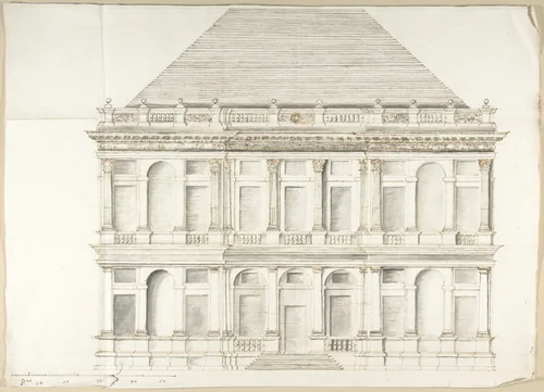 Two-Story Façade of a Palace with a Mansard Roof by Pietro Paolo Coccetti, drawing, 1710-1727