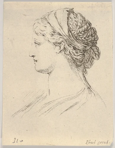 Plate 3: Head of a woman with braided hair, turned in profile to the right, from "Various heads and figures" (Diverses têtes et figures) by Stefano della Bella, print, 1650