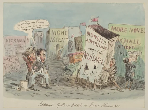 Lilthorpe's Gallant Attack on Street, Nuisances by John Leech, drawing, 1830-1864