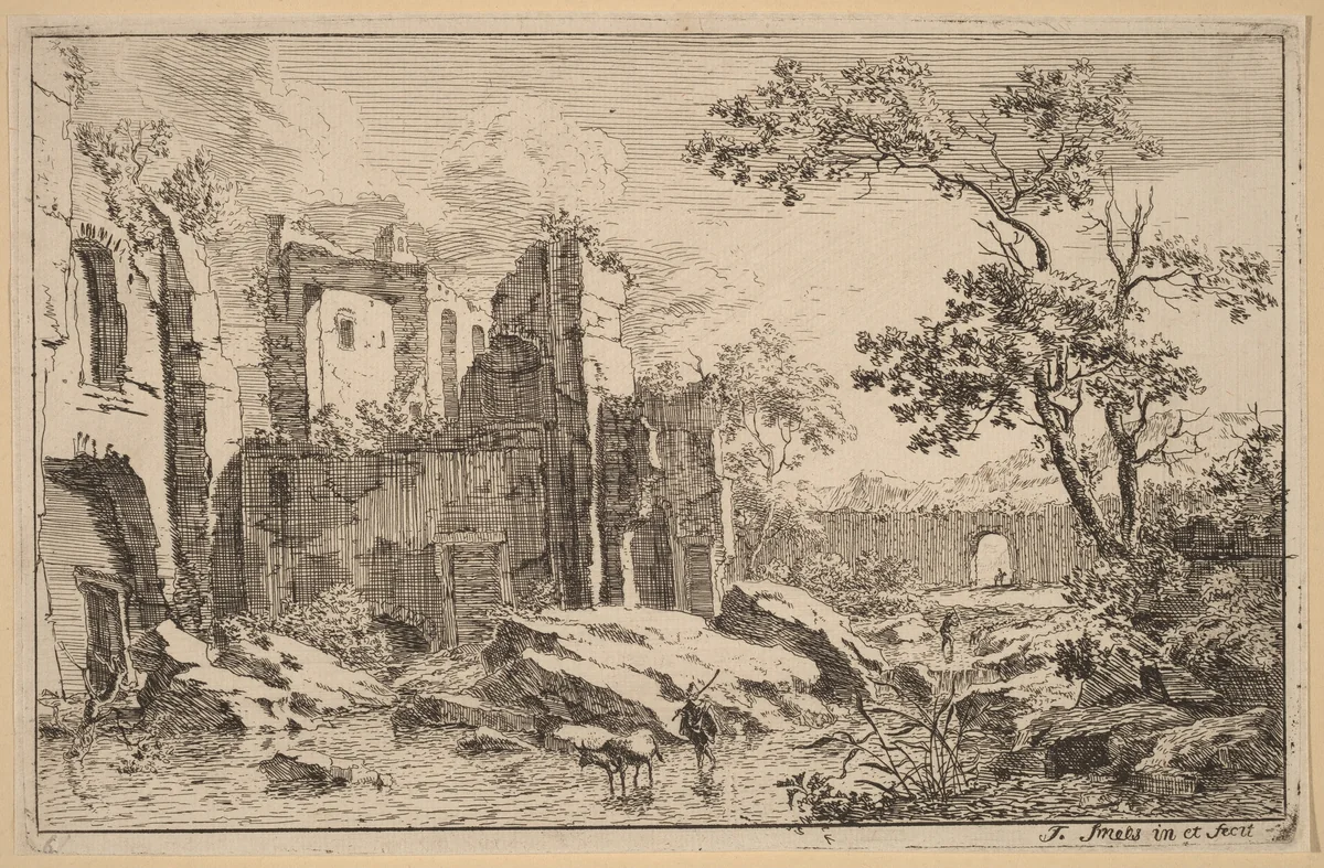 Man and Ox in a River by Jan Smees, print, 1685-1729