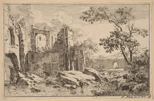 Man and Ox in a River by Jan Smees, print, 1685-1729