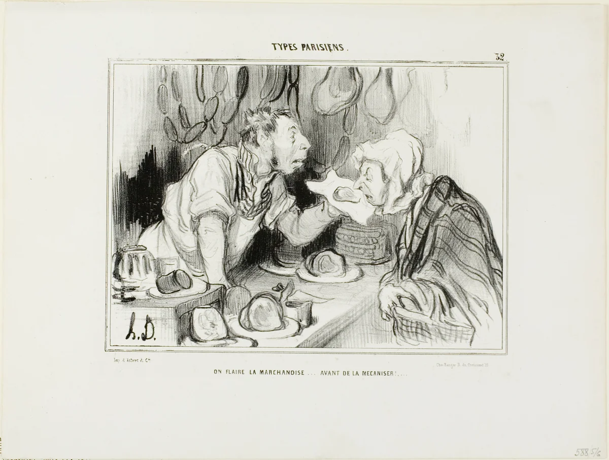 “You Sniff the Merchandise… Before Buying It,” plate 32 from Types Parisiens by Honoré-Victorin Daumier, print, 1839