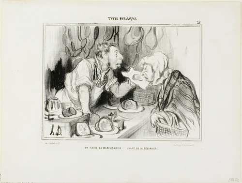 “You Sniff the Merchandise… Before Buying It,” plate 32 from Types Parisiens by Honoré-Victorin Daumier, print, 1839