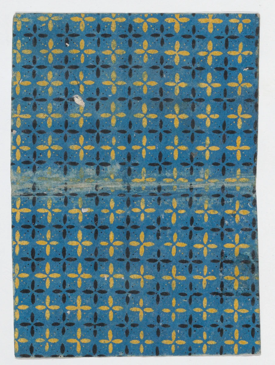 Book cover with blue and yellow cross pattern by anonymous, print, 1800-1900