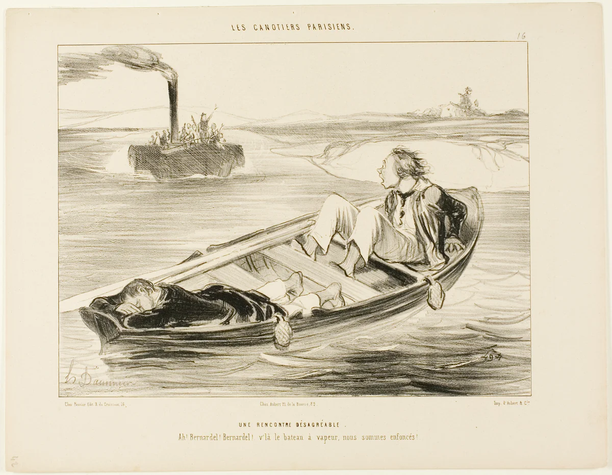 An Unpleasant Encounter. “Bernardel, Bernardel! Here comes the steamer... we will sink!,” plate 16 from Les Canotiers Parisiens by Honoré-Victorin Daumier, print, 1843