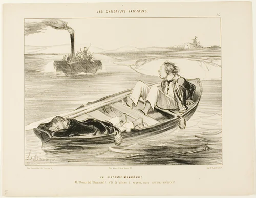 An Unpleasant Encounter. “Bernardel, Bernardel! Here comes the steamer... we will sink!,” plate 16 from Les Canotiers Parisiens by Honoré-Victorin Daumier, print, 1843