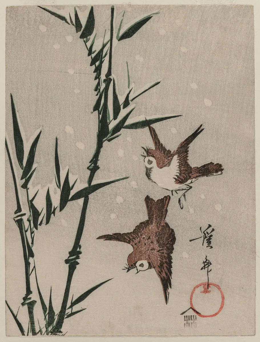 Sparrows, Bamboo and Falling Snow by Keisai Eisen (渓斎英泉), print, 1820-1829