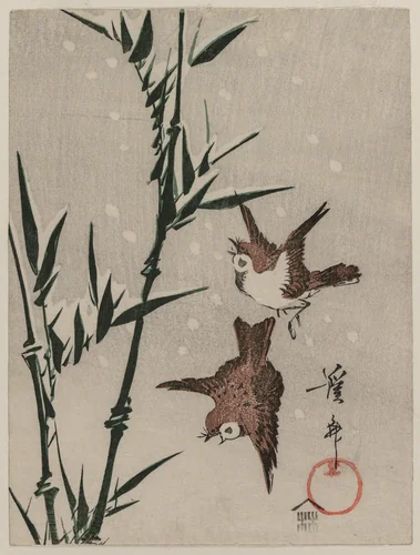 Sparrows, Bamboo and Falling Snow by Keisai Eisen (渓斎英泉), print, 1820-1829