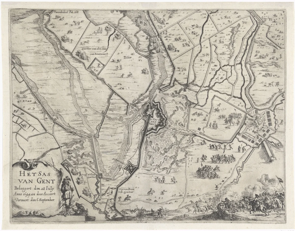 Kaart van beleg en verovering van Sas-van-Gent, 1644 by Dirk Stoop, print, 1651-1652