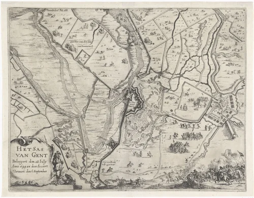 Kaart van beleg en verovering van Sas-van-Gent, 1644 by Dirk Stoop, print, 1651-1652