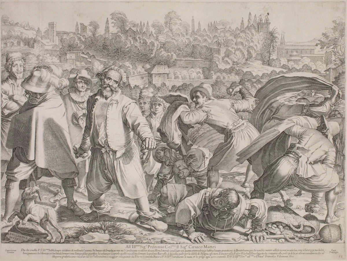 Brutto Buono Stoned by His Enemies by Francesco Villamena, print, 1566-1624