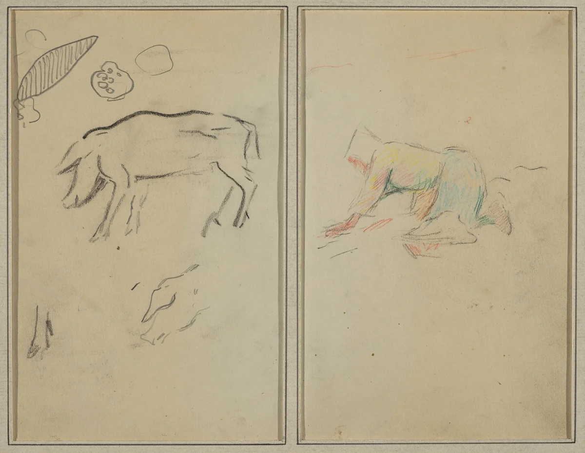 A Pig; Breton Peasant Kneeling [verso] by Paul Gauguin, drawing, 1884-1888