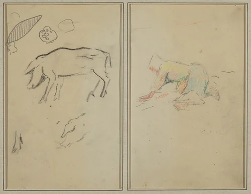A Pig; Breton Peasant Kneeling [verso] by Paul Gauguin, drawing, 1884-1888