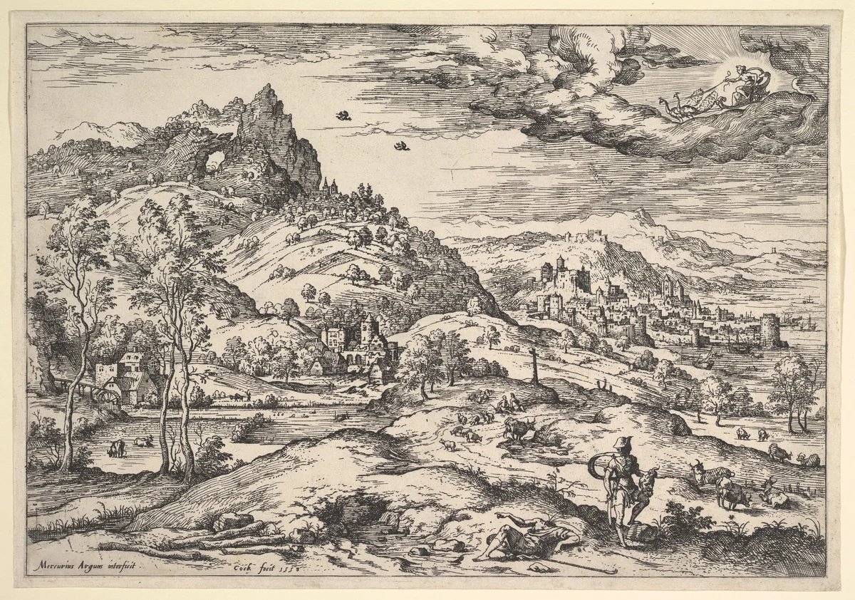 Landscape with Mercury Holding Argus's Head by Hieronymus Cock, print, 1505-1570