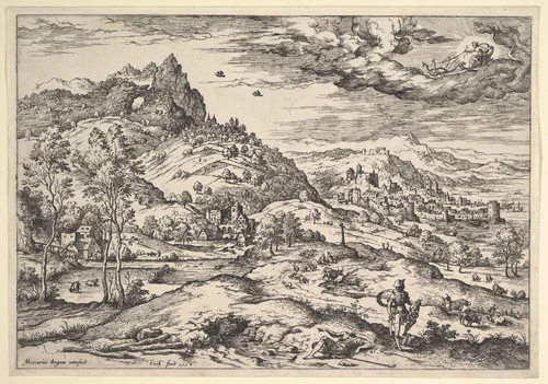 Landscape with Mercury Holding Argus's Head by Hieronymus Cock, print, 1505-1570